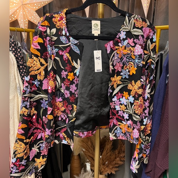 Anthropologie Tiny Floral Sequin Cropped Blazer Jacket - Picture 4 of 9